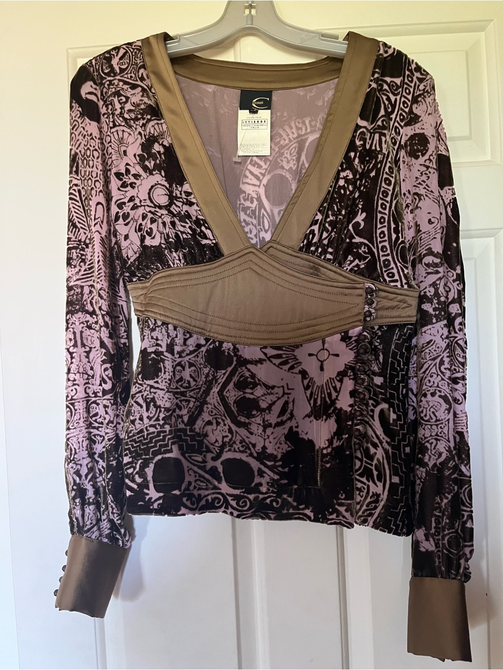 Cavalli Cerise & Taupe Patterned V-Neck Long Sleeve Top